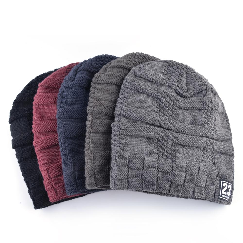 Winter Beanies Hat For Men Knitted Plaid Bonnet Caps Knit Double Layer ...
