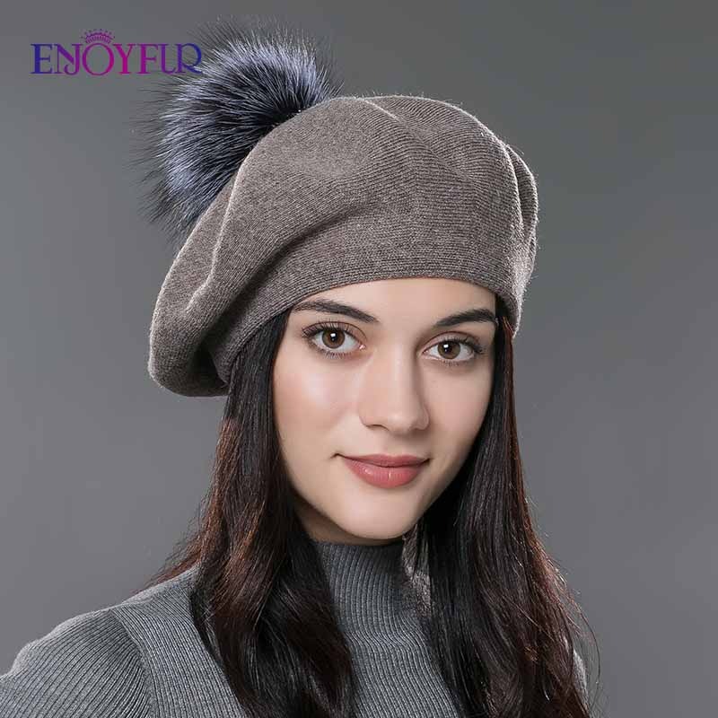 Women beret hat female winter knitted wool beret natural raccoon fox ...