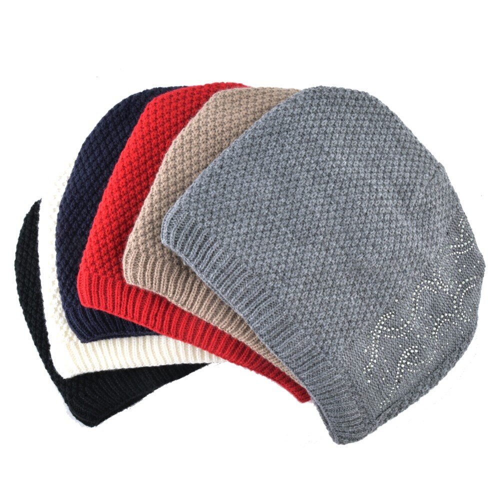 Warm Knitted Beanie With Rhinestones Winter Double Lining Hats For ...