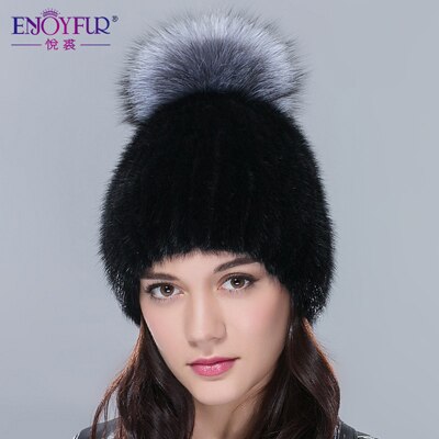 Real mink fur hats for winter women fur cap with fox fur pom pom top ...