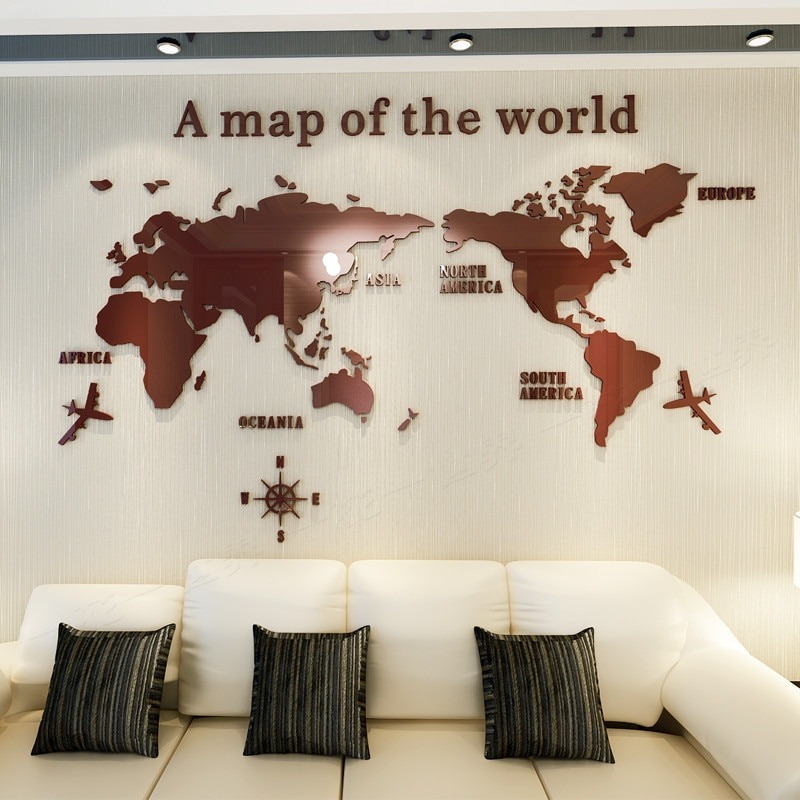 Modern World Map Acrylic Decorative 3D Wall Sticker For Living Room