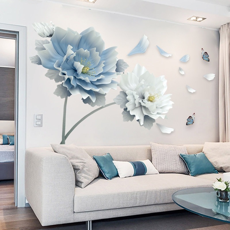 Large White Blue Flower Lotus Butterfly Removable Wall Stickers 3D Wall Art Decals Mural Art for