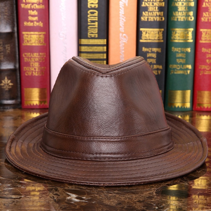 Male 100 Genuine Leather Jazz Hat Adult Fedoras Hat Male Sheepskin