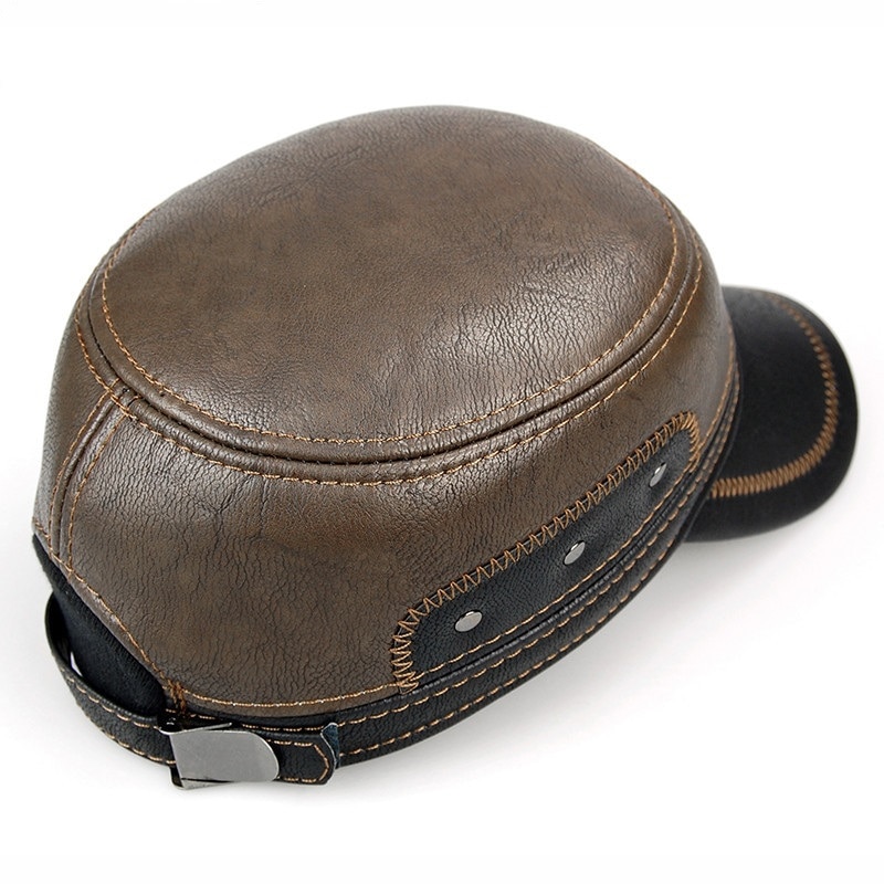 Men's Outdoor Leisure Cap Adult Genuine Leather Hat Male Winter Ear ...