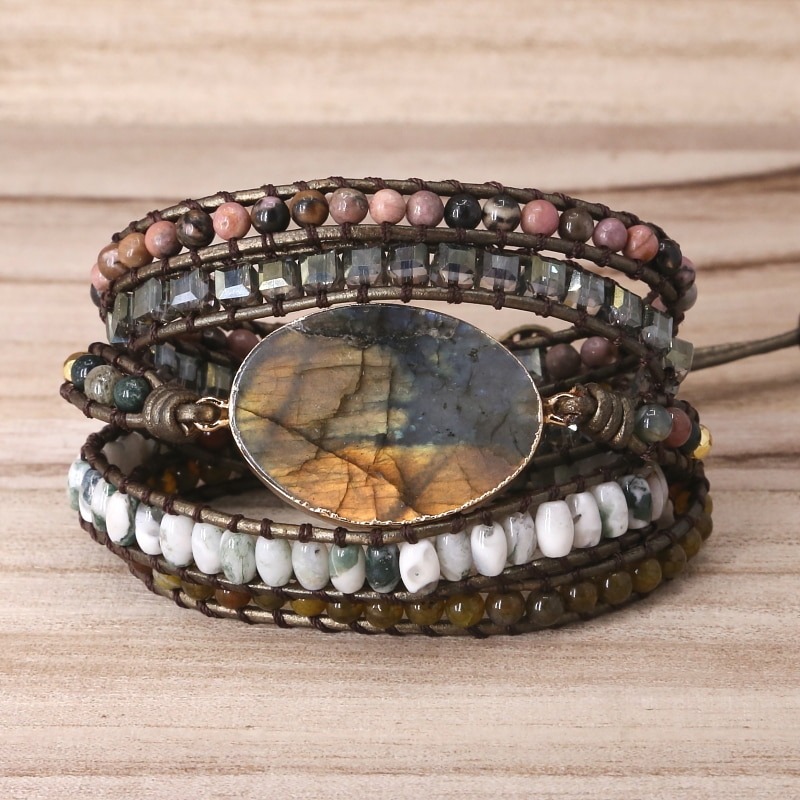 Labradorite stone vintage Leather Bracelet Mix Stones beads Women 5 ...