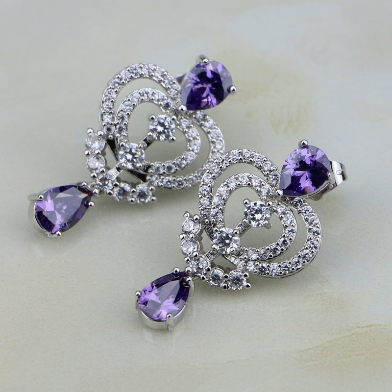 Water Drop Purple CZ White Zircon Women Silver Color Bridal Jewelry ...