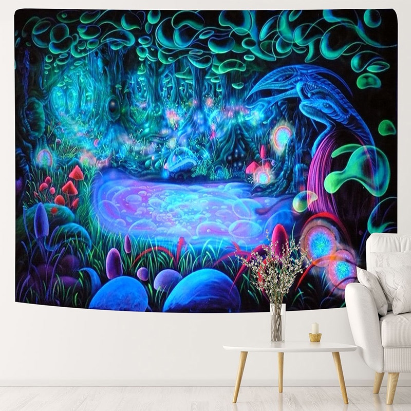 Psychedelic Mushroom Fluorescent Tapestry Hanging Cloth Wall Decor Glow ...